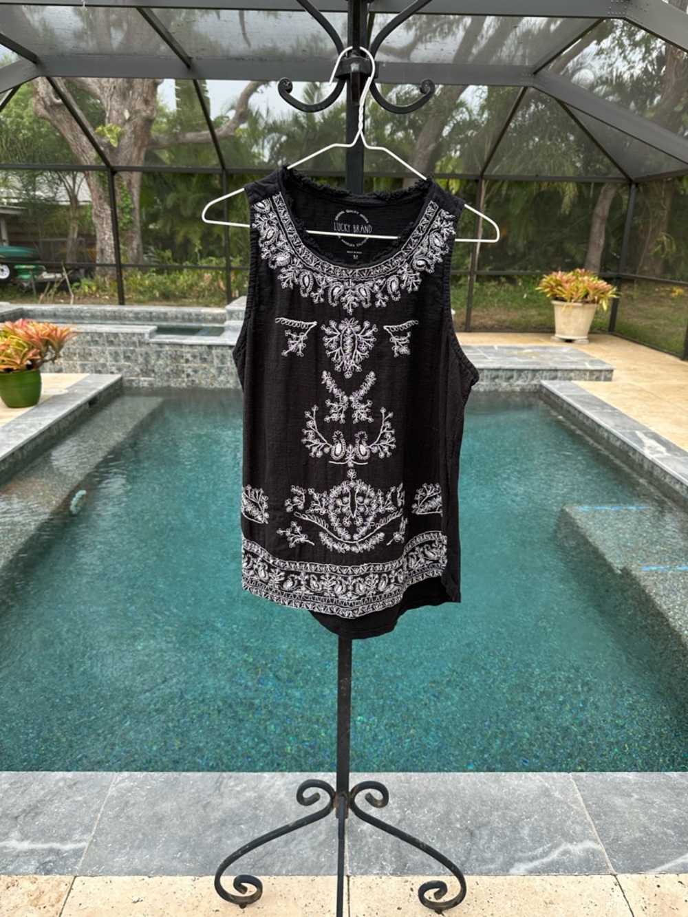 Lucky Brand Black Tank Top with White Embroidered Motif
